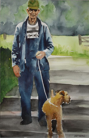 "Man med hund" akvarell av Anita Tingskull