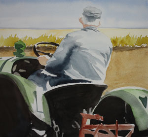 "Man på traktor" akvarell av Anita Tingskull