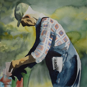 "Man vid brevlåda" akvarell av Anita Tingskull