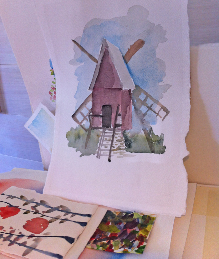 Väderkvarn i akvarell - mer renodlad och stiliserad